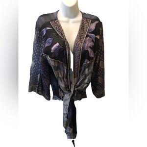 VTG Artsilk Boho Whimsy Tied Kimono Top Sheer Embellished Wide Sleeve Size OS